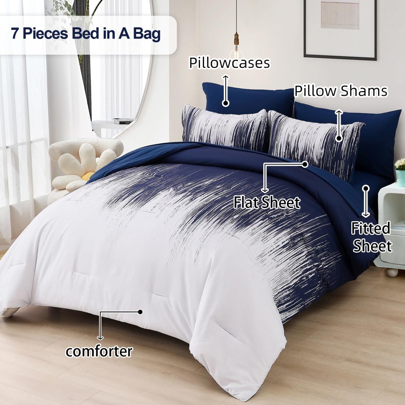 Dinjoy Ombre Blue Comforter Set King Size Gradient Navy Blue White Boho Bedding Set for Teen Men Women 7 Pieces Bed in A Bag Bohemian Bed Set with Comforter  Sheets  Pillowcases & Shams - Image 2